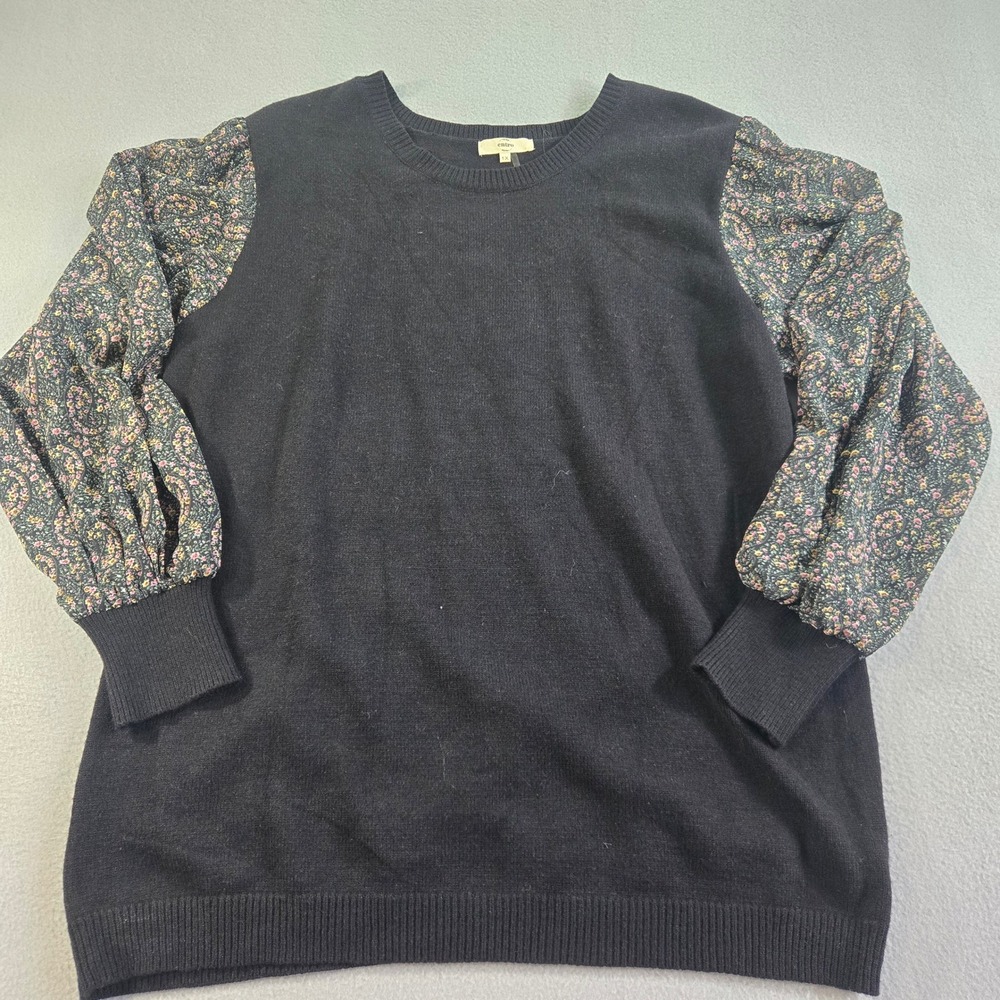 Entro Sweater Women 1X Black Floral Paisley Puff Sleeve Mixed Media T16611P